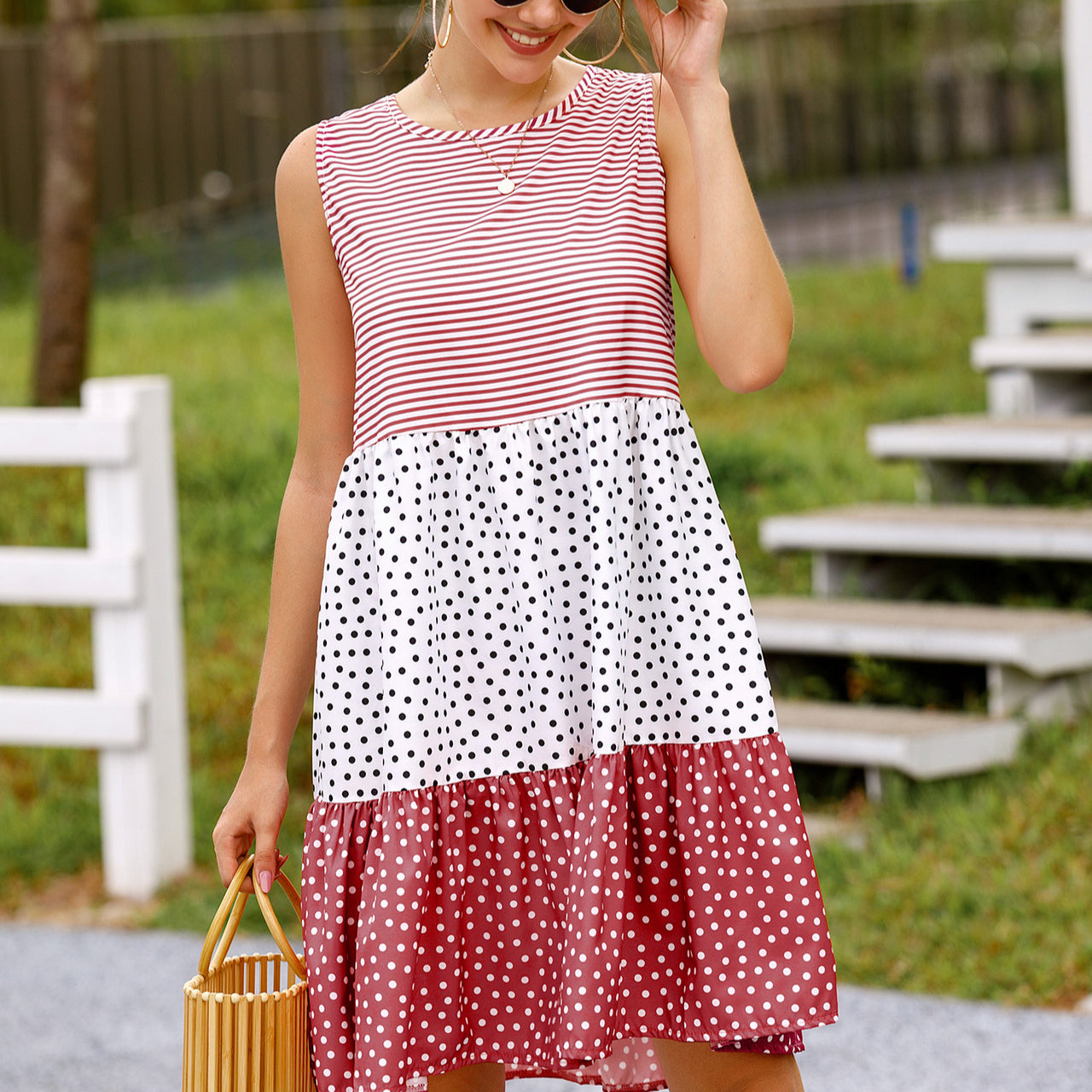 Polka Dot Striped Colorblock Print Crew Neck Fashion Sleeveless Loose Tank Smocked Dress Wholesale Casual Dresses