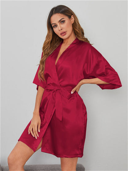 Solid Color Bathrobe Womens Satin Nightgown Casual Home Wear Wholesale Loungewear