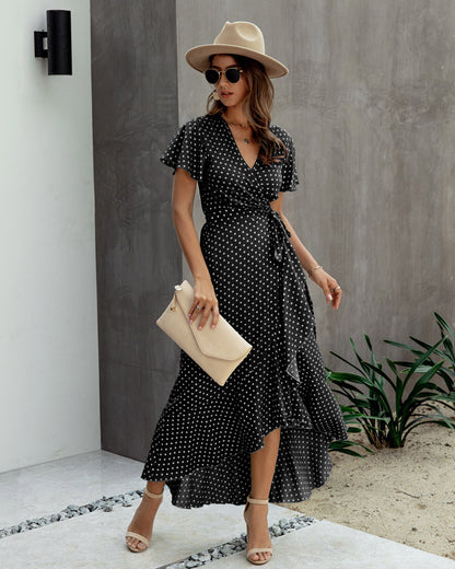 Sexy V-Neck Polka Dots Print Short-Sleeved Ruffled Dress Chiffon Wholesale Dresses