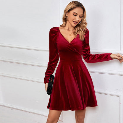 V-Neck Waist A-Line Sexy Velvet Dress Wholesale Dresses