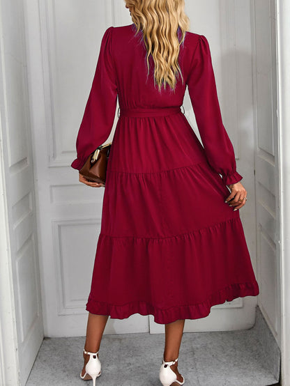 Solid Color Tie-Up Waist Long Sleeve Smocked Dress Wholesale Dresses