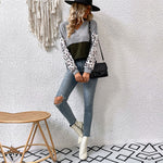 Casual Contrast Color Leopard V Neck Loose Long Sleeve Wholesale Sweaters