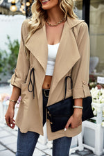 Fashion Lapel Drawstring Trench Solid Color Long Sleeve Slim Wholesale Coats