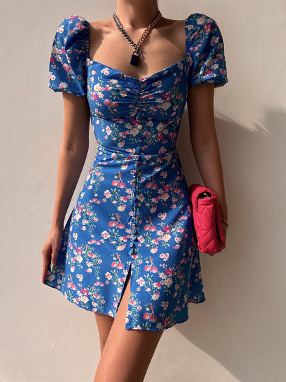 Sexy Square Collar Floral Dress Slim Puff Sleeve Slit Wholesale Dresses