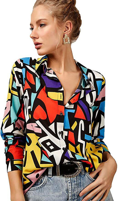 Casual Single-Breasted Print Lapel Blouses Wholesale Womens Long Sleeve T Shirts