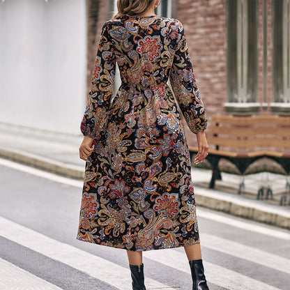 Elegant Long-Sleeved Printed Slim Slit A-Line Midi Dress Wholesale Dresses