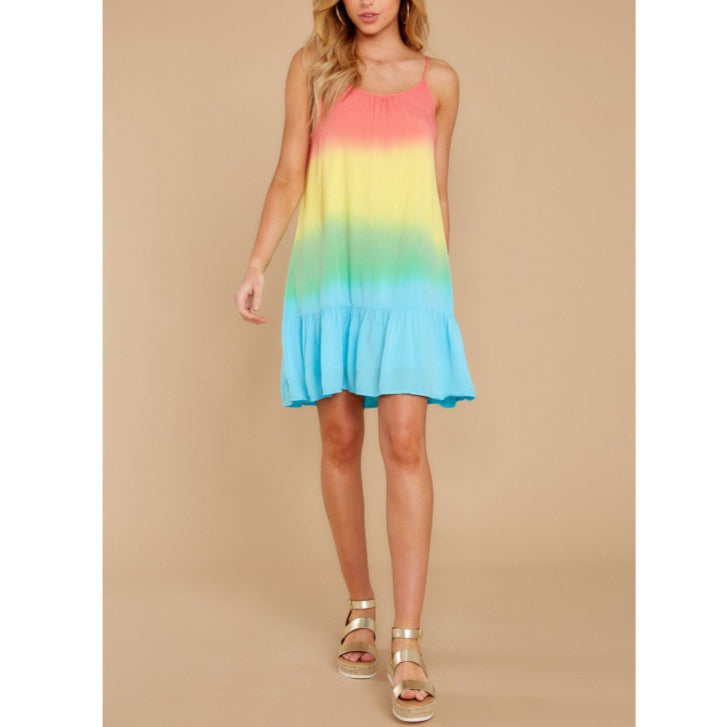 Tie-Dye Rainbow Gradient Print Sling Loose Ruffled Dress Wholesale Dresses