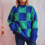 Casual Checkerboard Color Contrast Knit Pullover Round Neck Long Sleeve Sweater Wholesale Women Top