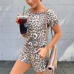 Summer Casual Leopard Wholesale Women 2 Piece Sets Short Sleeve T-Shirt & Drawstring Shorts