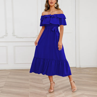 Solid Color Off-Shoulder Lace-Up Waist Mid-Length Ruffle Swing Dress Wholesale Dresses N5323021800028