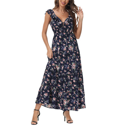 Sexy Frill Sleeve V-Neck Vacation Floral Dress Wholesale Maxi Dresses