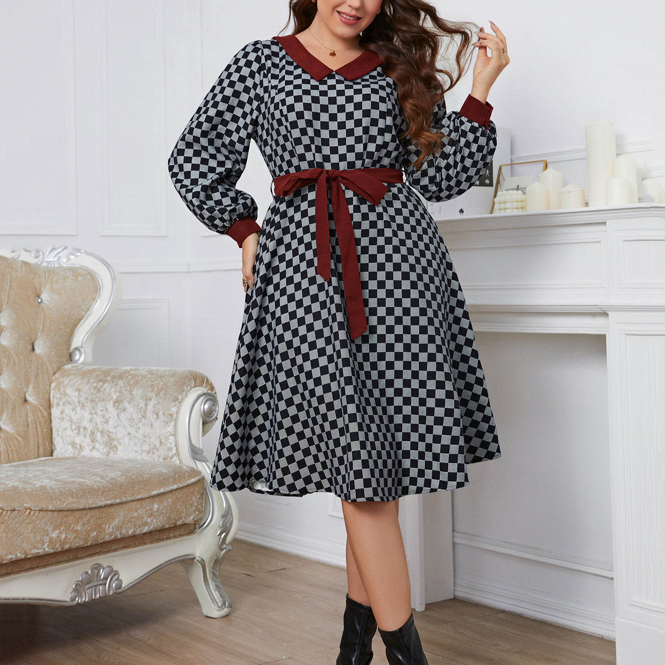 Plaid Vintage Lace-Up Curvy Dresses Wholesale Plus Size Clothing