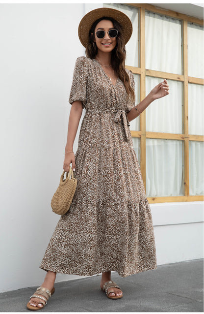 V-Neck Printed Puff Sleeve Lace-Up Smocked Dress Casual Wholesale Maxi Dresses