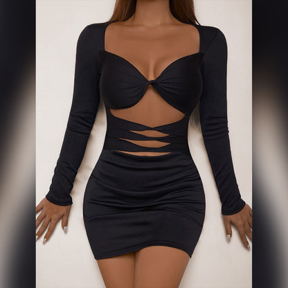 Sexy Deep V Hollow Tie Bodycon Black Dress Wholesale Dresses