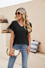 Solid Color V-Neck Ruffle Sleeve Loose T-Shirt Wholesale Womens Tops
