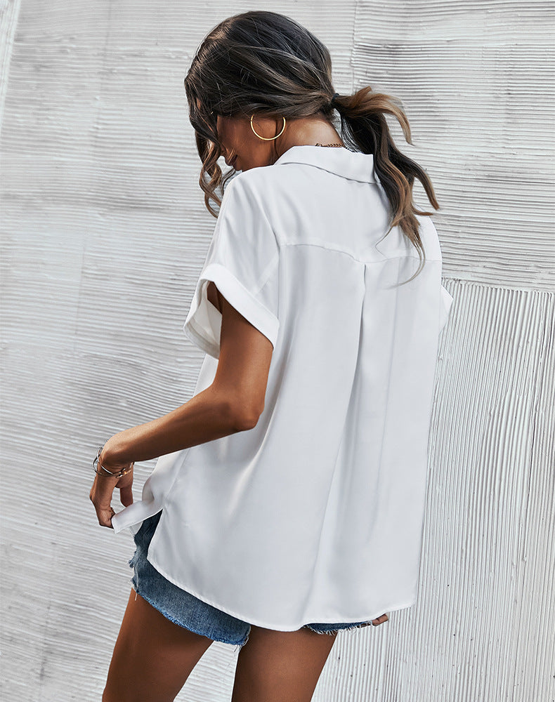 Fashion V Neck Lapel Blouse Single-Breasted Solid Color Loose Short Sleeve Womens T Shirts Wholesale