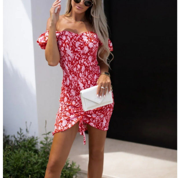 Off Shoulde Printed Sexy Drawstring Pleated Bag Hip Bodycon Dress Sexy Wholesale Mini Dresses