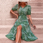 Chic Printed Casual Short Sleeve Slit Smocked Dress Wholesale Dresses