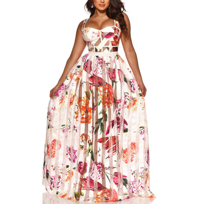 Interval See-Through Fashion Floral Print Slip Swing Dress Wholesale Maxi Dresses