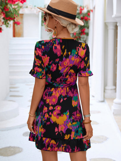 Printed Short Sleeve Nipped Waist Ruffle Wrap Dress Wholesale Dresses