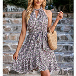 Casual Fashion Sleeveless Floral Halter Neck Swing Dress Wholesale Dresses