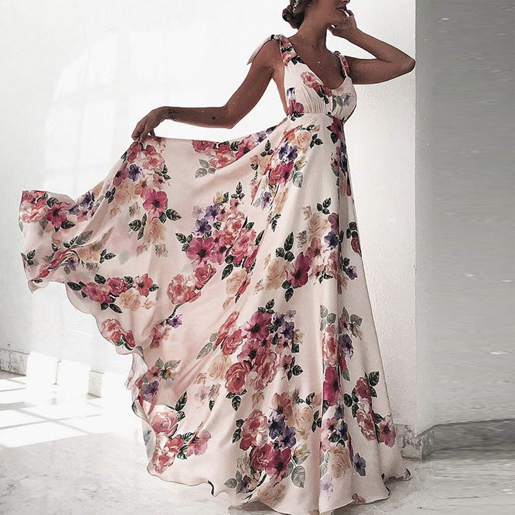 Floral Print Leaky Back Plunge Neck Large Swing Dress Sling Wholesale Maxi Dresses
