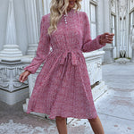 Printed Long Sleeve Lace-Up Pleated Dress Wholesale Dresses