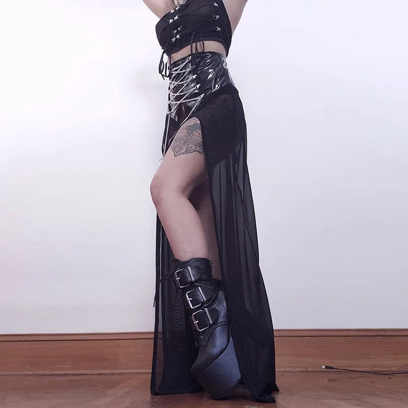 Dark Style Sexy Mesh See-Through Strap Slit Skirt Wholesale Women Bottoms