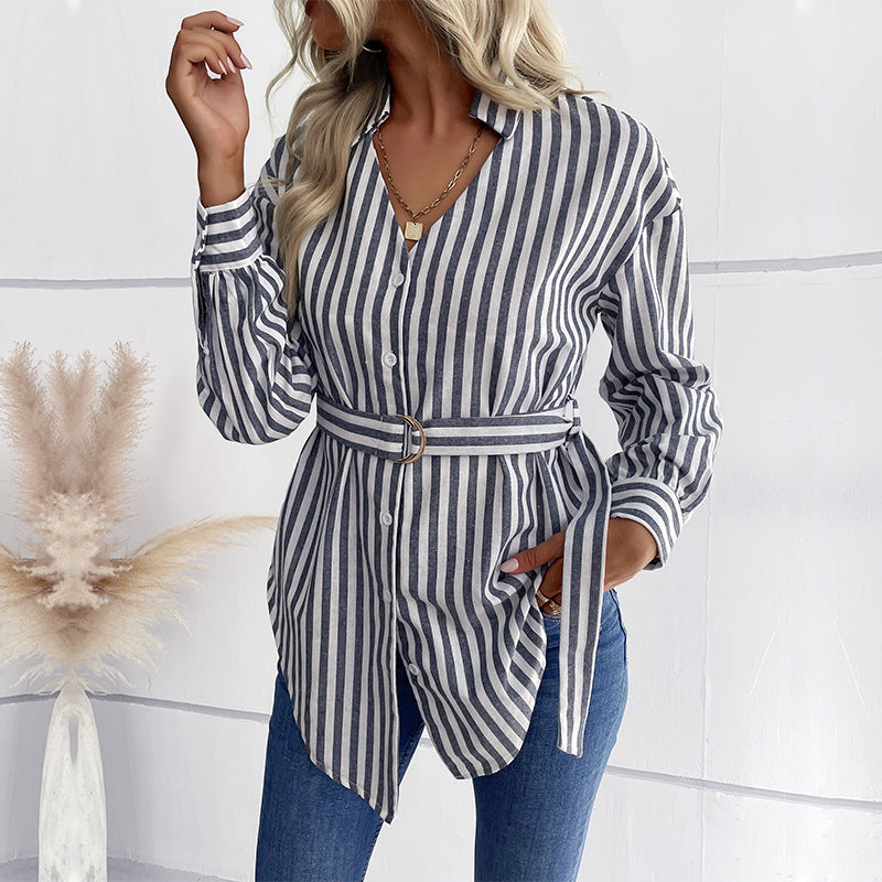 Casual V-Neck Striped Single-Breasted Tops Wholesale Womens Long Sleeve T Shirts With Belt