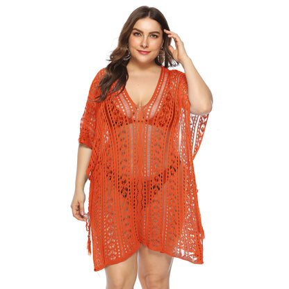 Sexy Cutout Knitted Bikini Cover Up V-Neck Slit Beachwear Curve Dresses Wholesale Plus Size Clothing