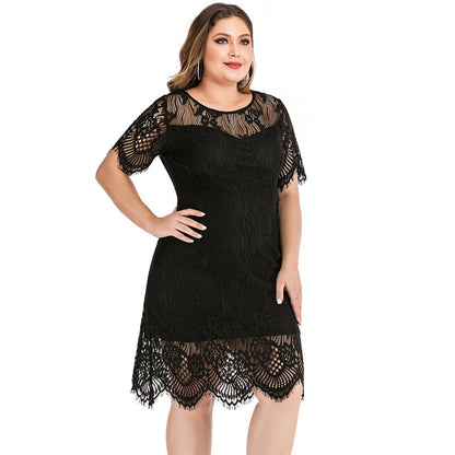 Round Neck Short Sleeve Lace Elegant Curvy Dresses Wholesale Plus Size Clothing