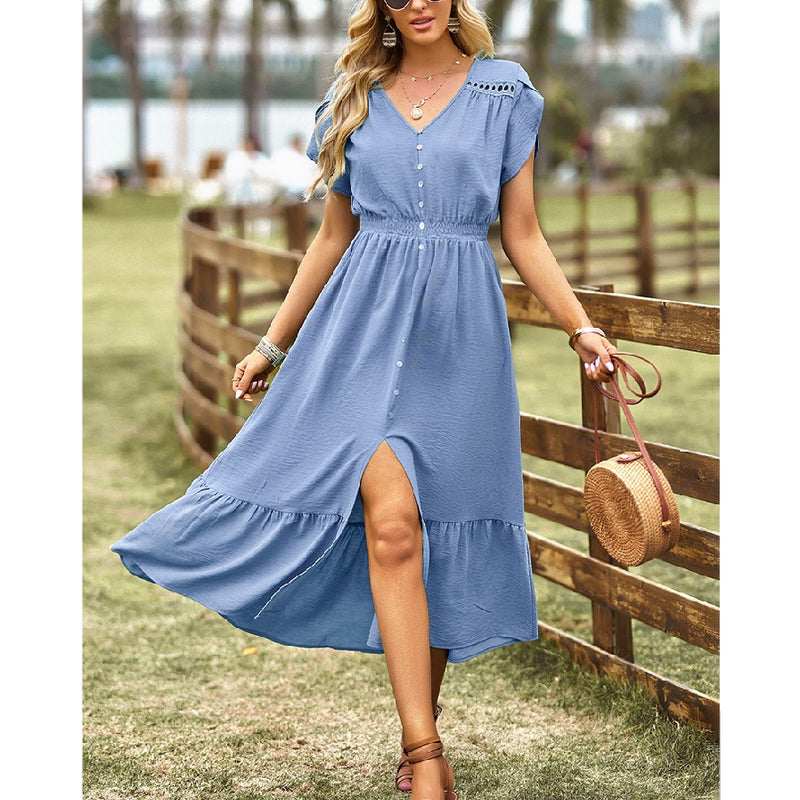 Slit Hollow Simple Short-Sleeved V-Neck Solid Color Dress Wholesale Dresses