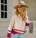 Fashion Contrast Colors Zipped Lapel Pullover Crew Neck Loose Long Sleeve Wholesale Sweater
