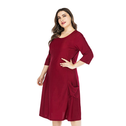 Mid Sleeve Casual Solid Color Curvy Dresses Wholesale Plus Size Clothing