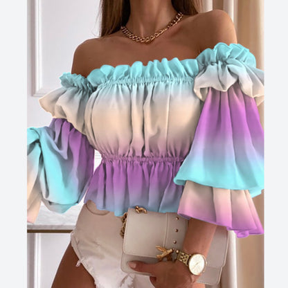 Fashion Off Shoulder Printed Sexy Ruffles Waist Elastic Shirts Wholesale Crop Tops ST531871