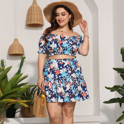 Floral  Crop Top + Skirt Plus Size Two Piece Sets Wholesale For St. Patrick'S Day