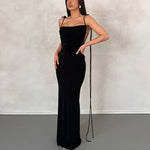Suspenders Solid Color Sexy Backless Pleated Tie Party Maxi Dress Wholesale Dresses