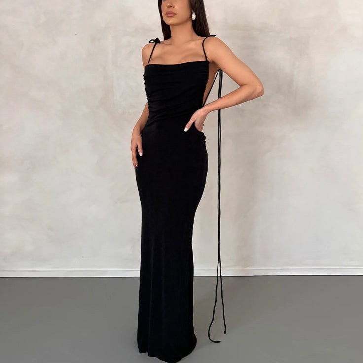 Suspenders Solid Color Sexy Backless Pleated Tie Party Maxi Dress Wholesale Dresses
