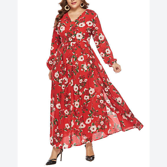 Floral Print Women Curvy Slit Maxi Dresses Wholesale Plus Size Clothing