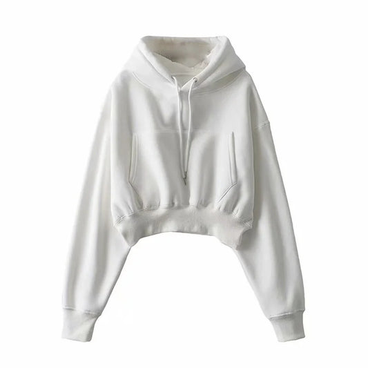 Hooded Fleece Loose Solid Color Tunic Pullover Irregular Short Sweatshirt Wholesale Women Top