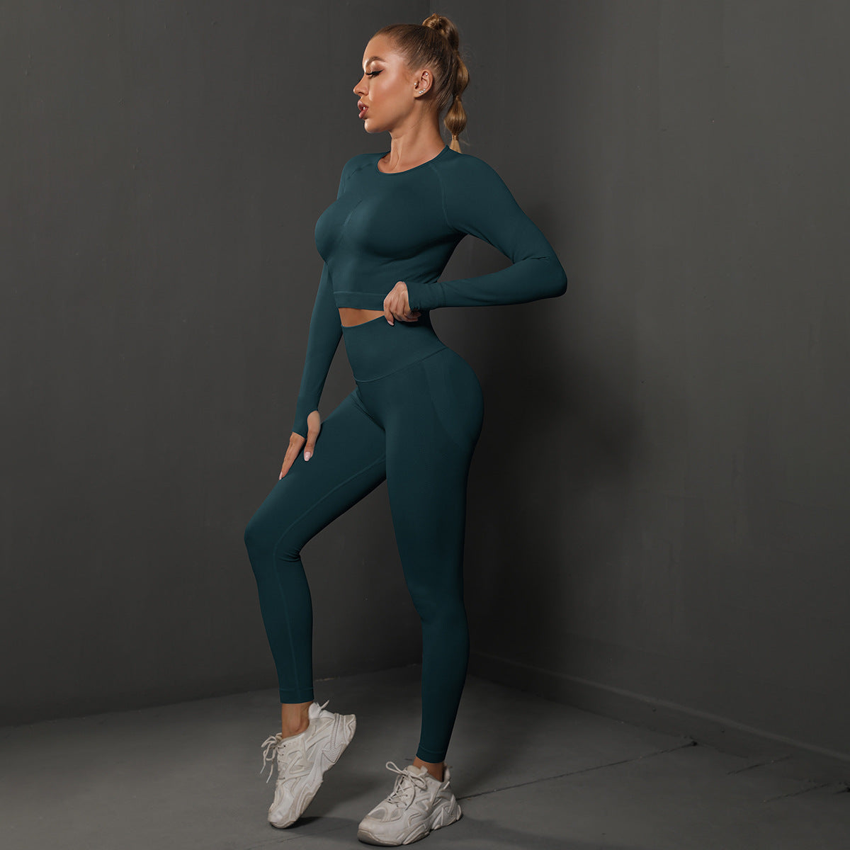 Seamless Knitted Pleated Tight Yoga Exercise Running Fitness Long Sleeve Leggings Suit Wholesale Women Clothing