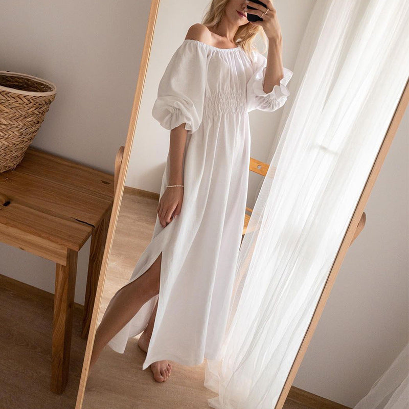 One-Neck Slit Loose Fashionable And Comfortable Cotton Linen Dress Wholesale Dresses