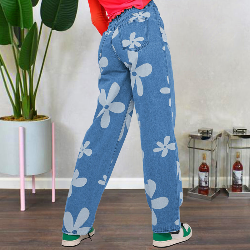 Floral Print Fashion Straight Denim Trousers High Waist Maxi Pants Wholesale Womens Jeans