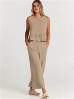 Sleeveless Pleated Vests & Wide-Leg Pants Cotton Linen Suit Wholesale Women'S 2 Piece Sets