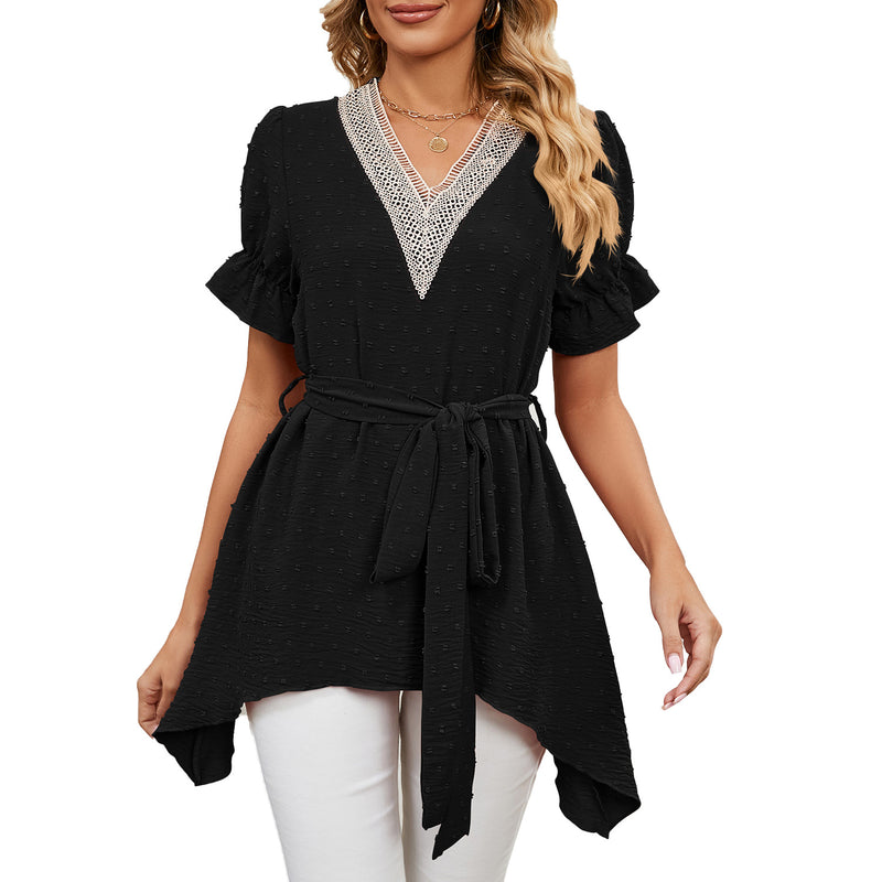 Solid Color Jacquard V-Neck Loose Chiffon Tunic Top Wholesale Womens Tops