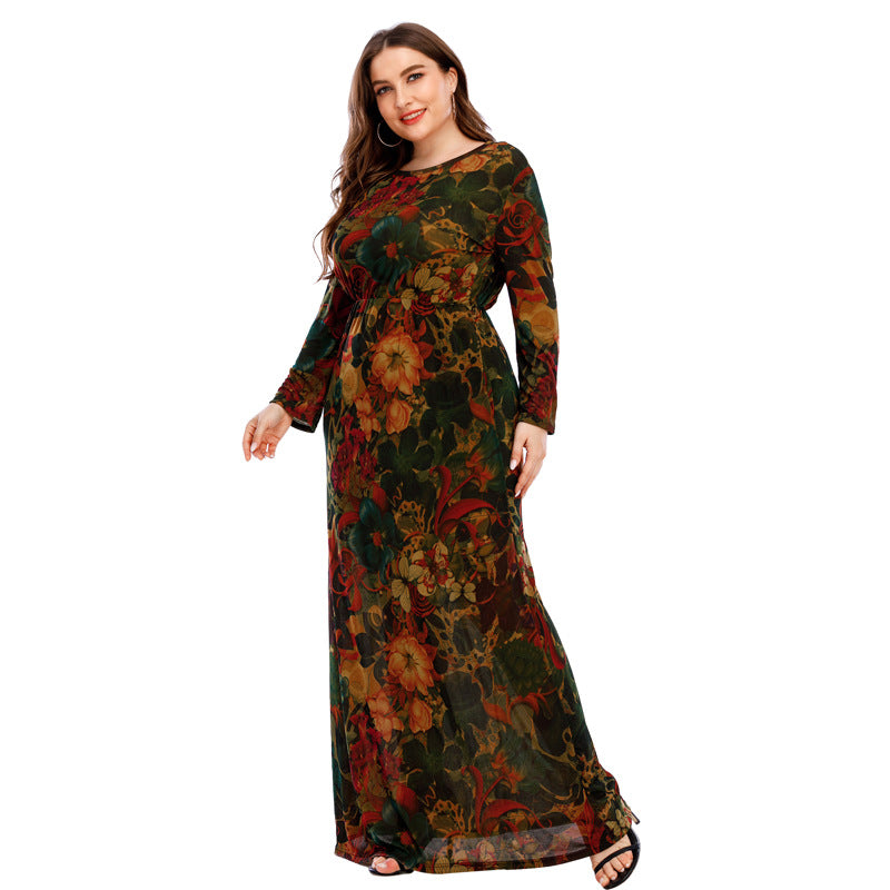 Floral Print Long Sleeve Casual Curvy Dresses Wholesale Plus Size Clothing