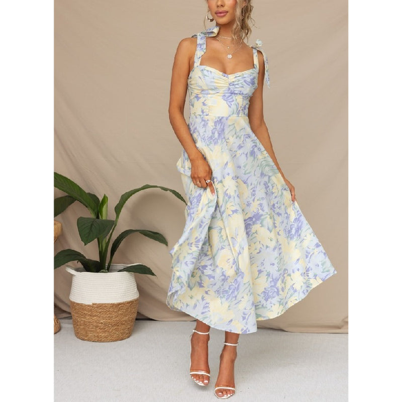 Printed Gentle Sling Slim Pleated Low Cut Dress Wholesale Dresses
