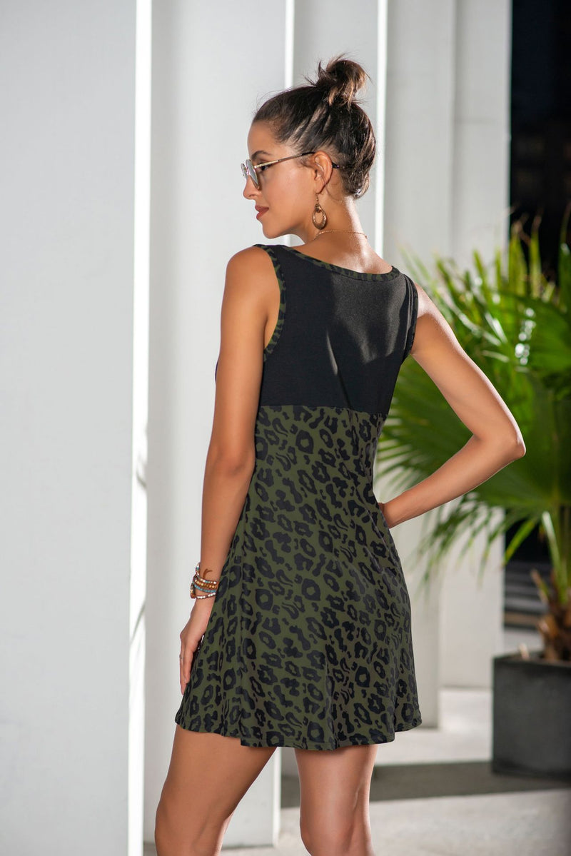 Leopard Print Button V Neck Sundresses A-Line Tank Dress Casual Wholesale Dresses SD531508
