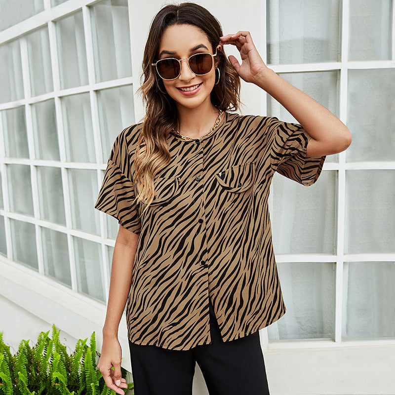 Women's Casual Short Sleeve Leopard Button Wholesale Shirt Blouses Summer