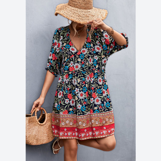 Boho Style Print Puff Sleeve V Neck Resort Dresses Sexy Wholesae Bohemian Dress For Women